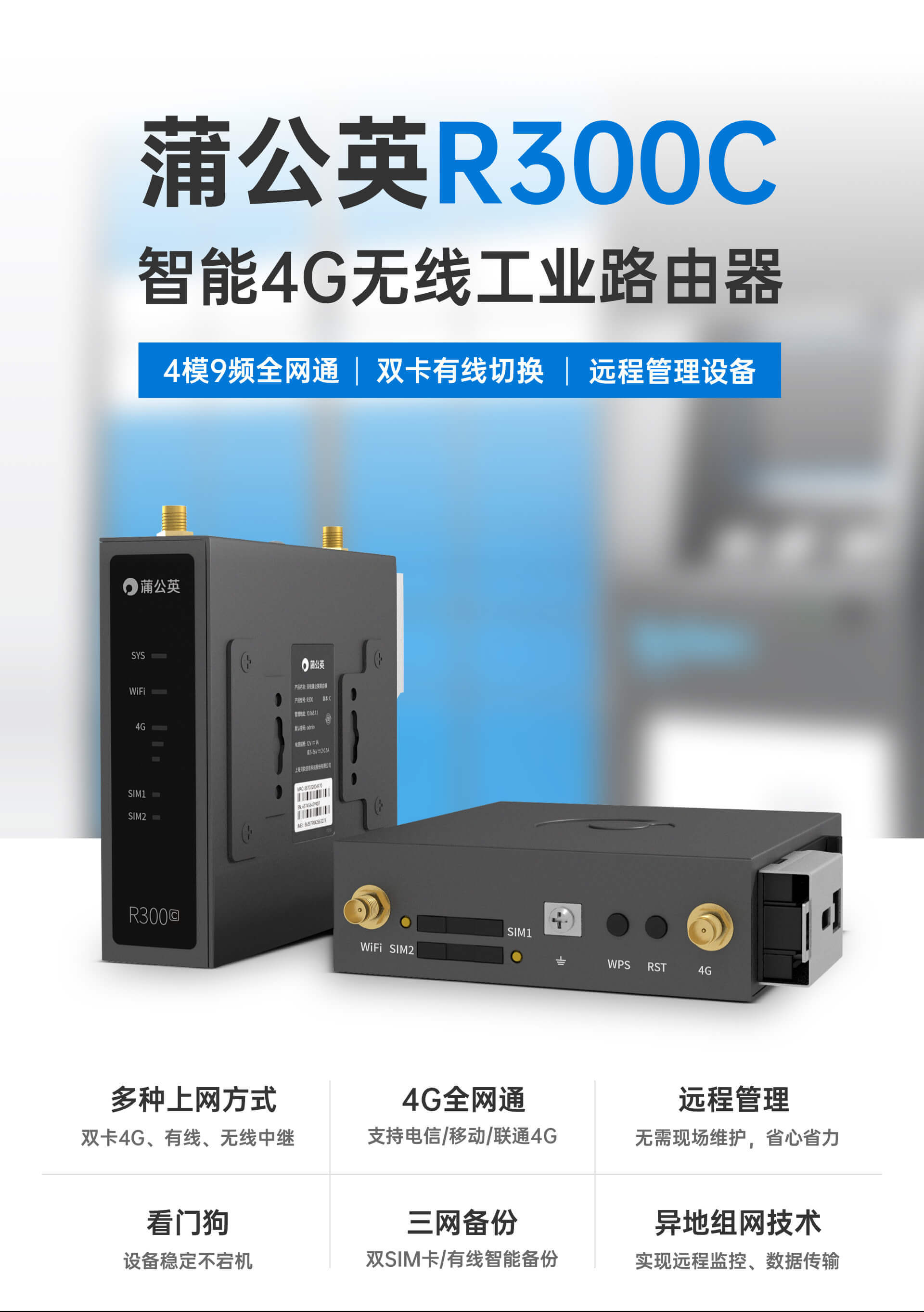 No Pixel R300c 蒲公英4G工业无线路由器R300C-1121G-贝锐商城